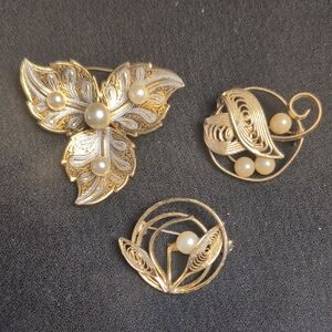 Vintage Brooches (3) Gold Tone with Faux Pearl Accents